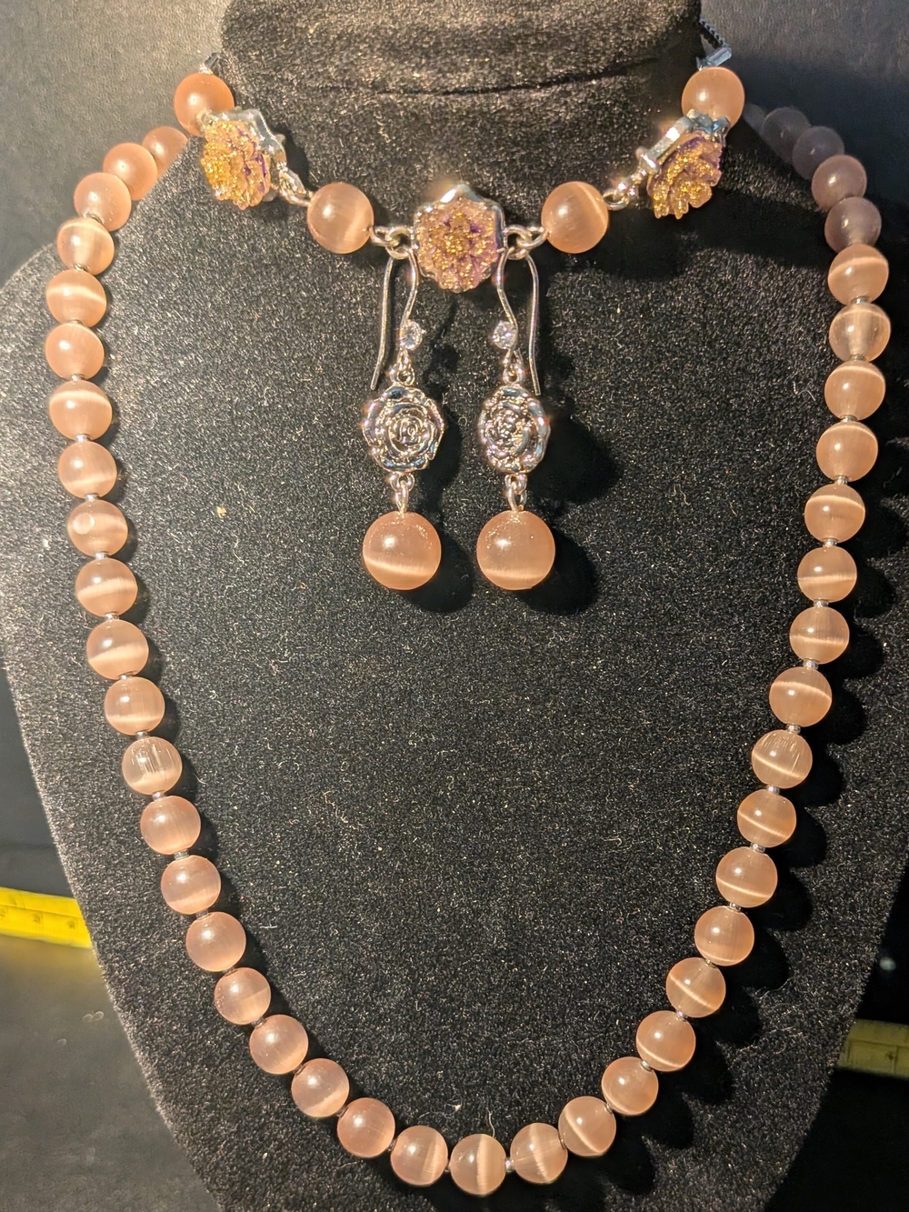 Elegant Peach Rose Moonstone Bead Necklace and Earrings Set With Rose Bracelet